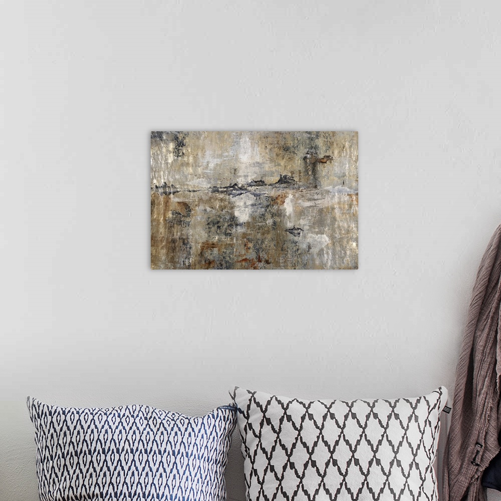 A bohemian room featuring Contemporary abstract painting in rough brown shades.
