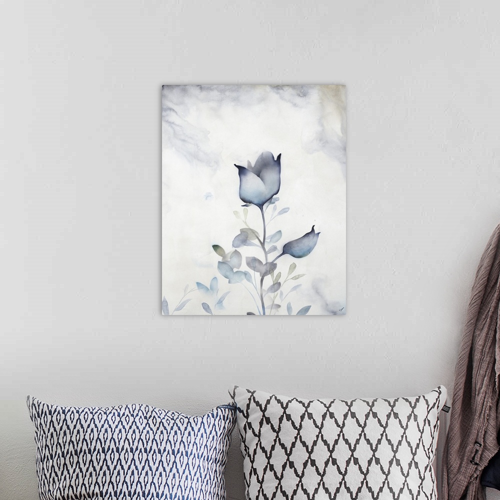 A bohemian room featuring Contemporary painting of a soft blue flower against a faded blue background.