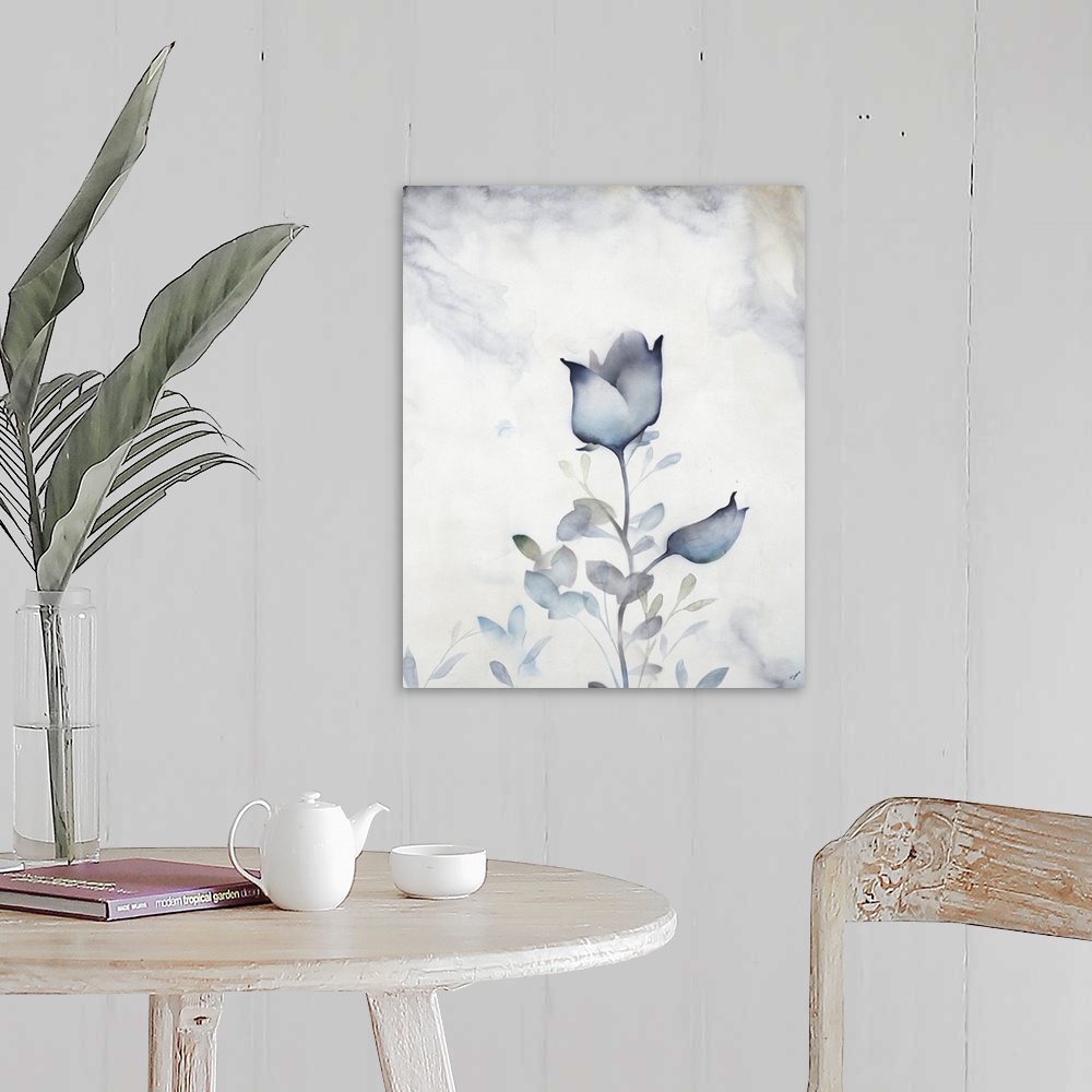 A farmhouse room featuring Contemporary painting of a soft blue flower against a faded blue background.