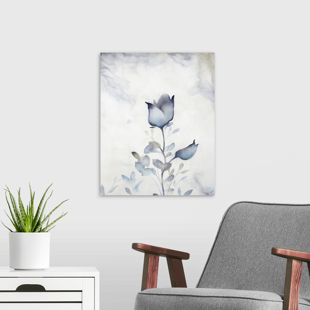 A modern room featuring Contemporary painting of a soft blue flower against a faded blue background.
