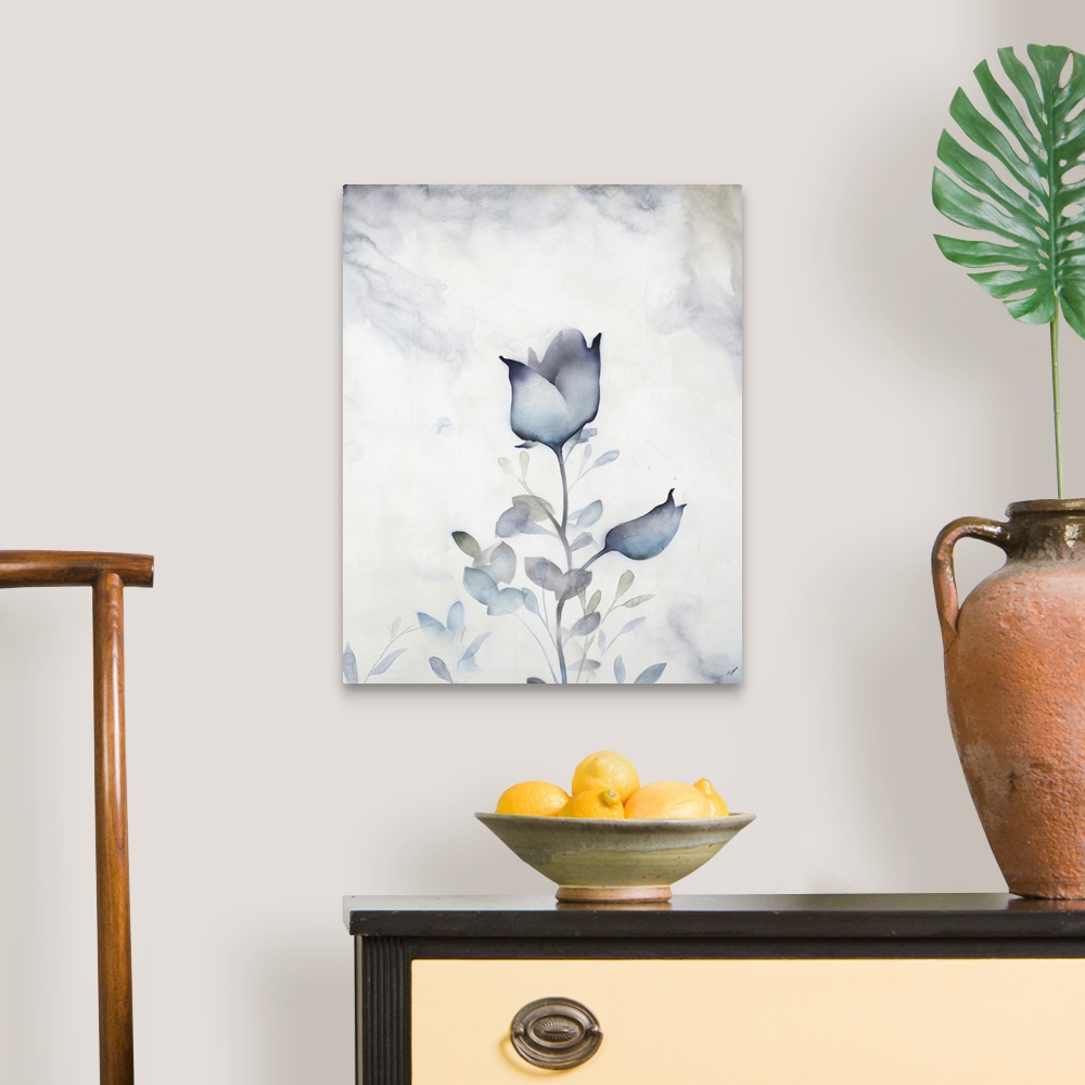 A traditional room featuring Contemporary painting of a soft blue flower against a faded blue background.