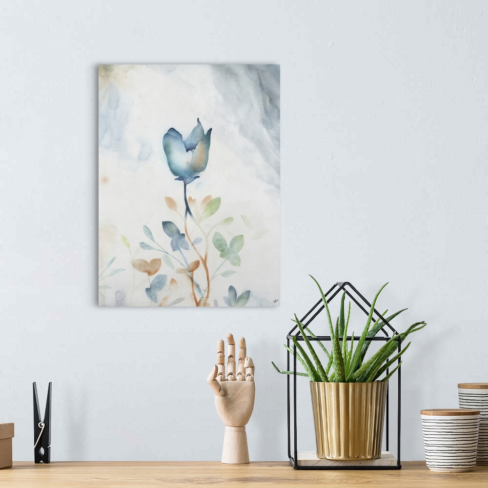 A bohemian room featuring Contemporary painting of a soft teal flower against a faded teal background.