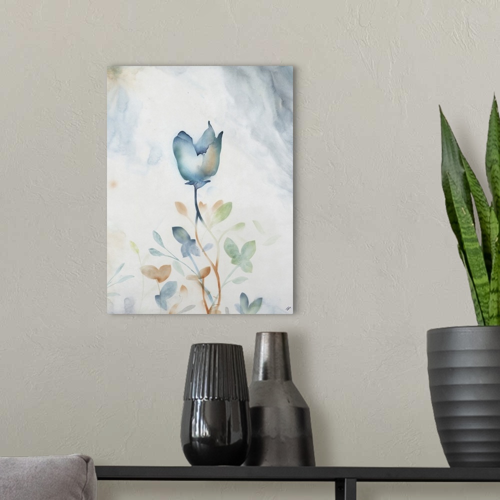 A modern room featuring Contemporary painting of a soft teal flower against a faded teal background.