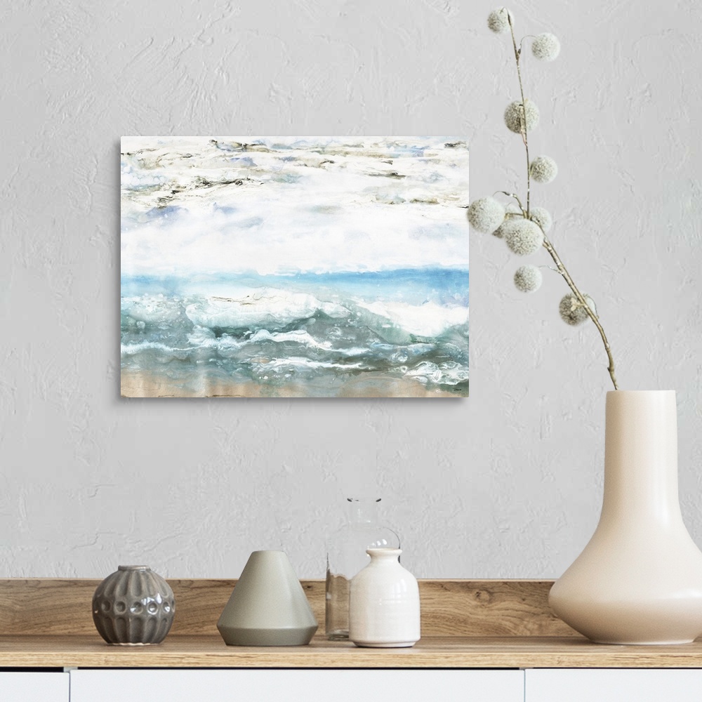 A farmhouse room featuring Contemporary abstract painting resembling the ocean using earth tones.