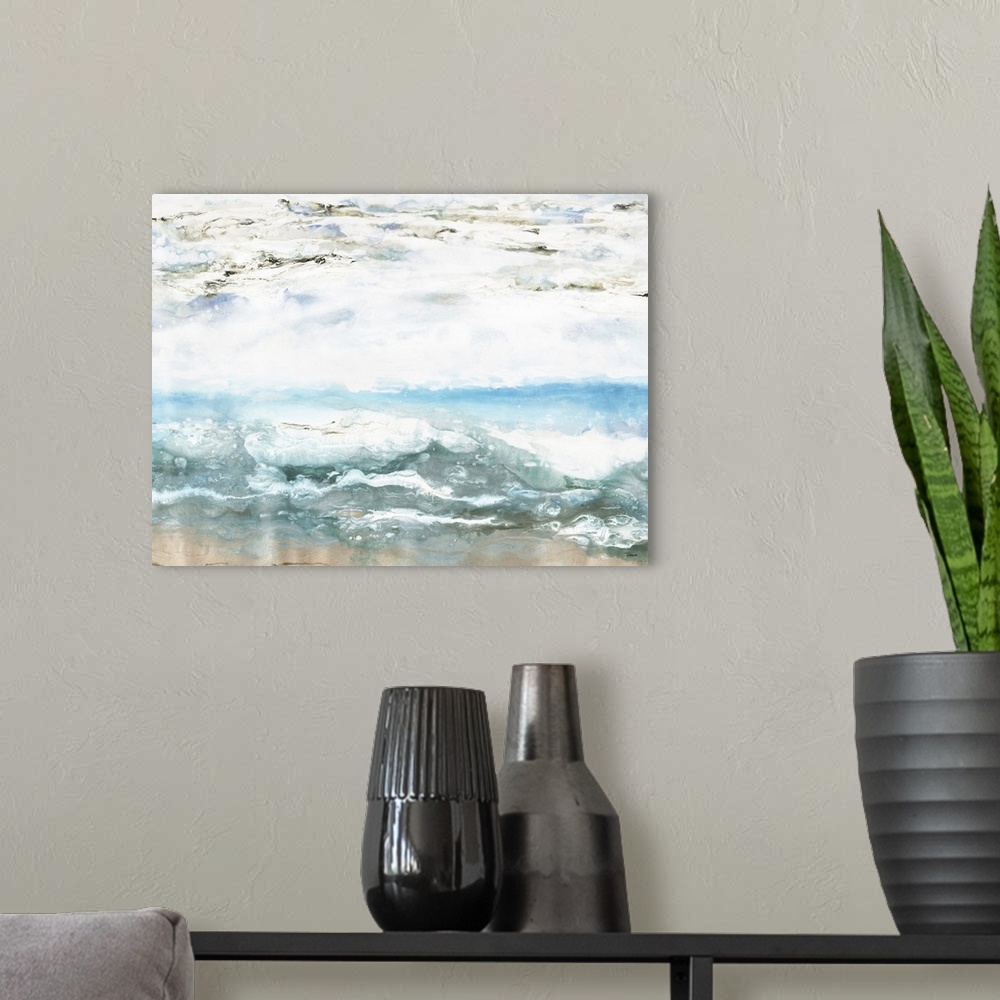 A modern room featuring Contemporary abstract painting resembling the ocean using earth tones.