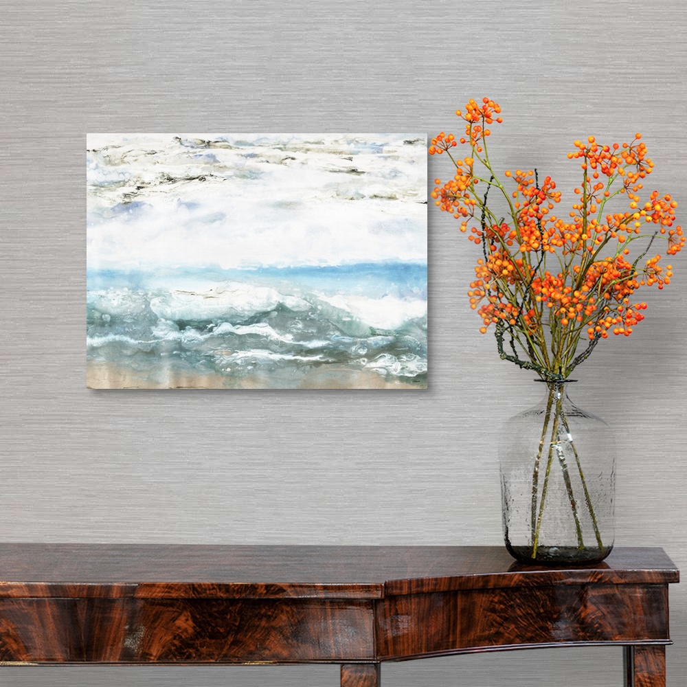 A traditional room featuring Contemporary abstract painting resembling the ocean using earth tones.