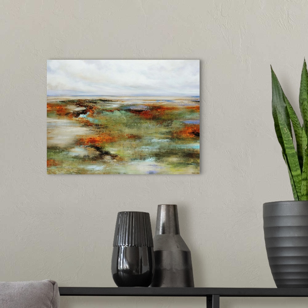 A modern room featuring Abstract painting of wetlands surrounded by a colorful landscape, beneath a blue sky full of fluf...