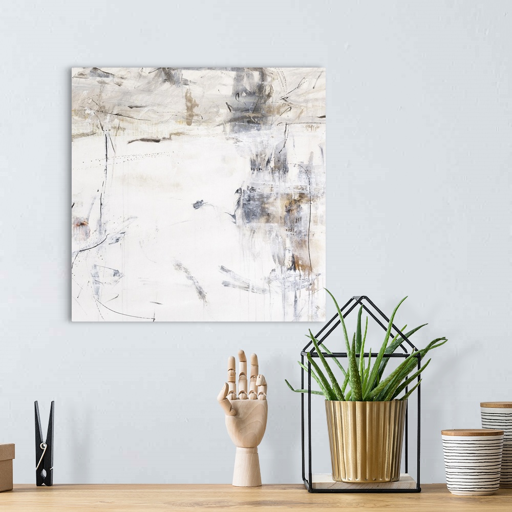 A bohemian room featuring Contemporary abstract painting with long, thin lines and grey and brown tones, calling to mind a ...