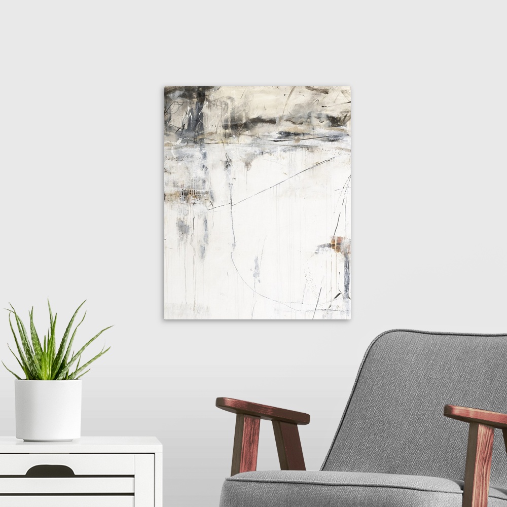 A modern room featuring Contemporary abstract painting with long, thin lines and grey and brown tones, calling to mind a ...