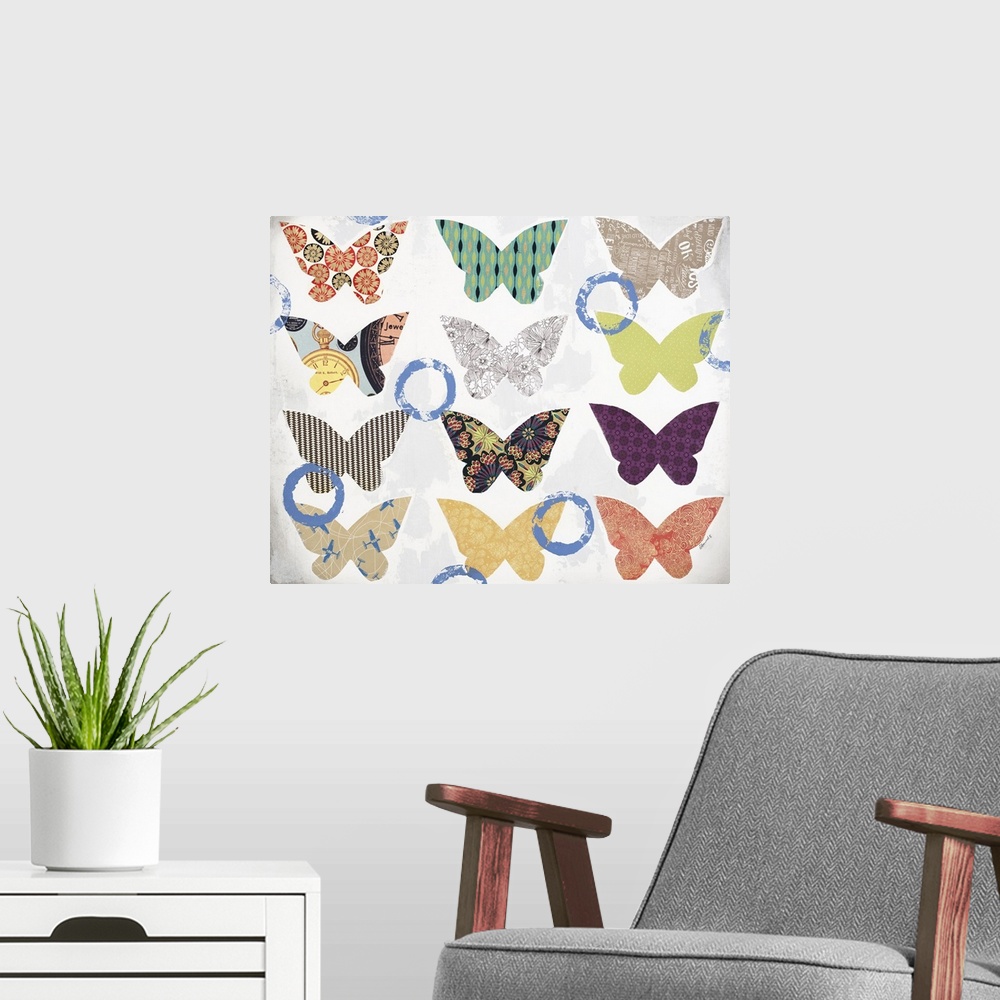 A modern room featuring Contemporary mixed media artwork with colorful, patterned butterflies pasted onto a white and gra...