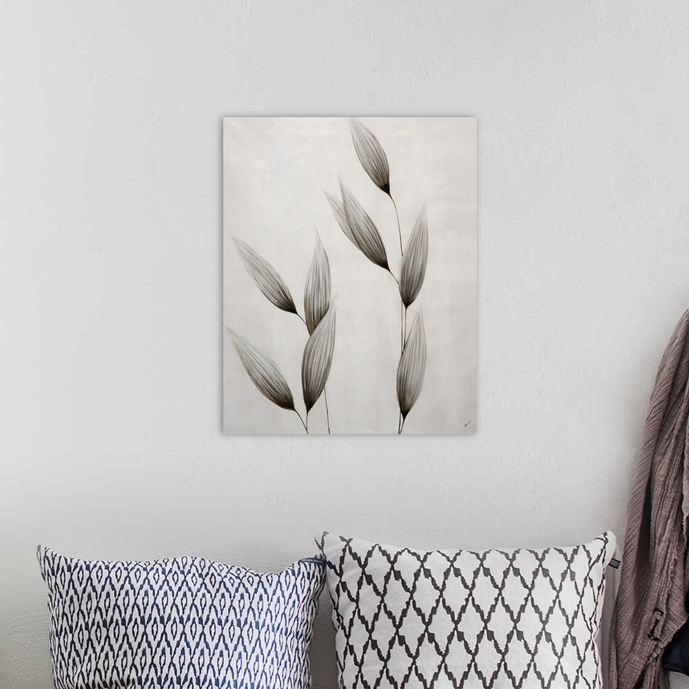 A bohemian room featuring Contemporary painting of wheat stalks in neutral monotone.