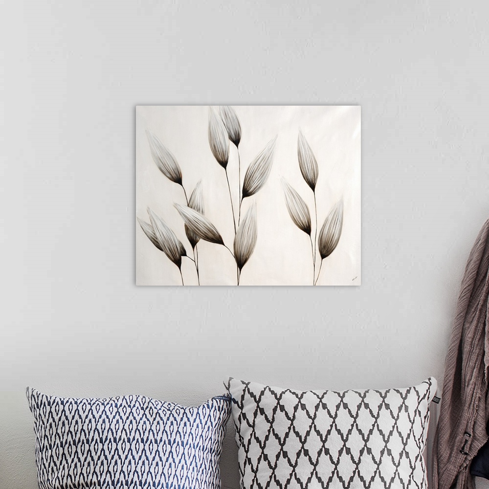 A bohemian room featuring Contemporary painting of wheat stalks in neutral monotone.