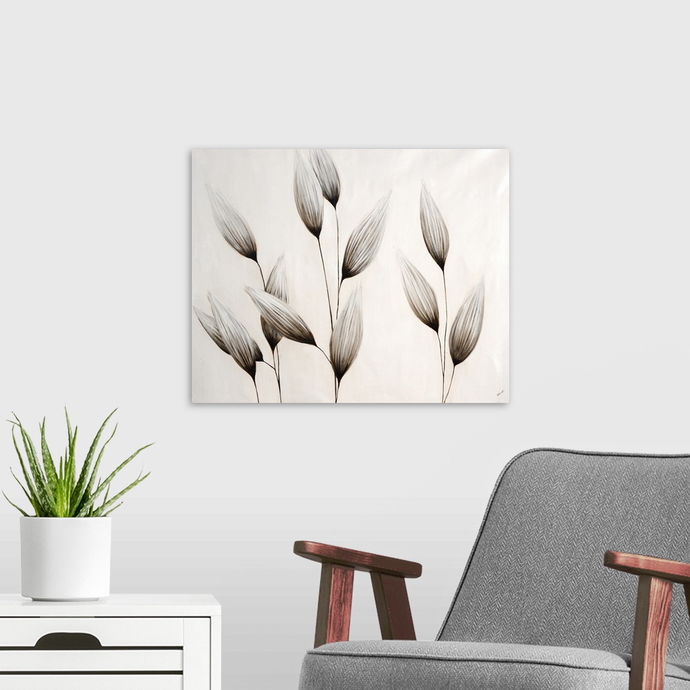 A modern room featuring Contemporary painting of wheat stalks in neutral monotone.