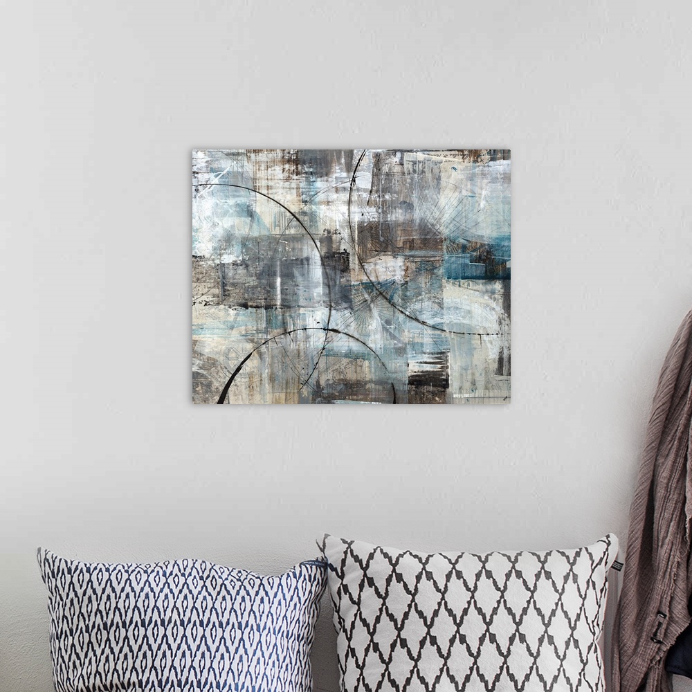 A bohemian room featuring Contemporary abstract painting with blocks of dark blue, brown, white and gray hues. Thin, black ...