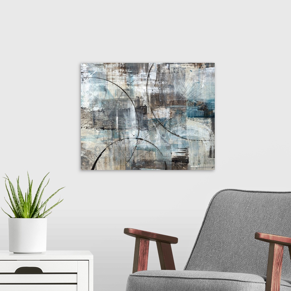 A modern room featuring Contemporary abstract painting with blocks of dark blue, brown, white and gray hues. Thin, black ...