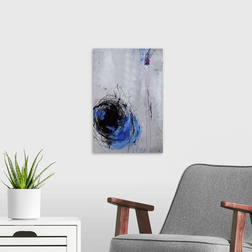 A modern room featuring Vertical abstract painting with a grey background, blue swirl on the bottom left side with thin b...