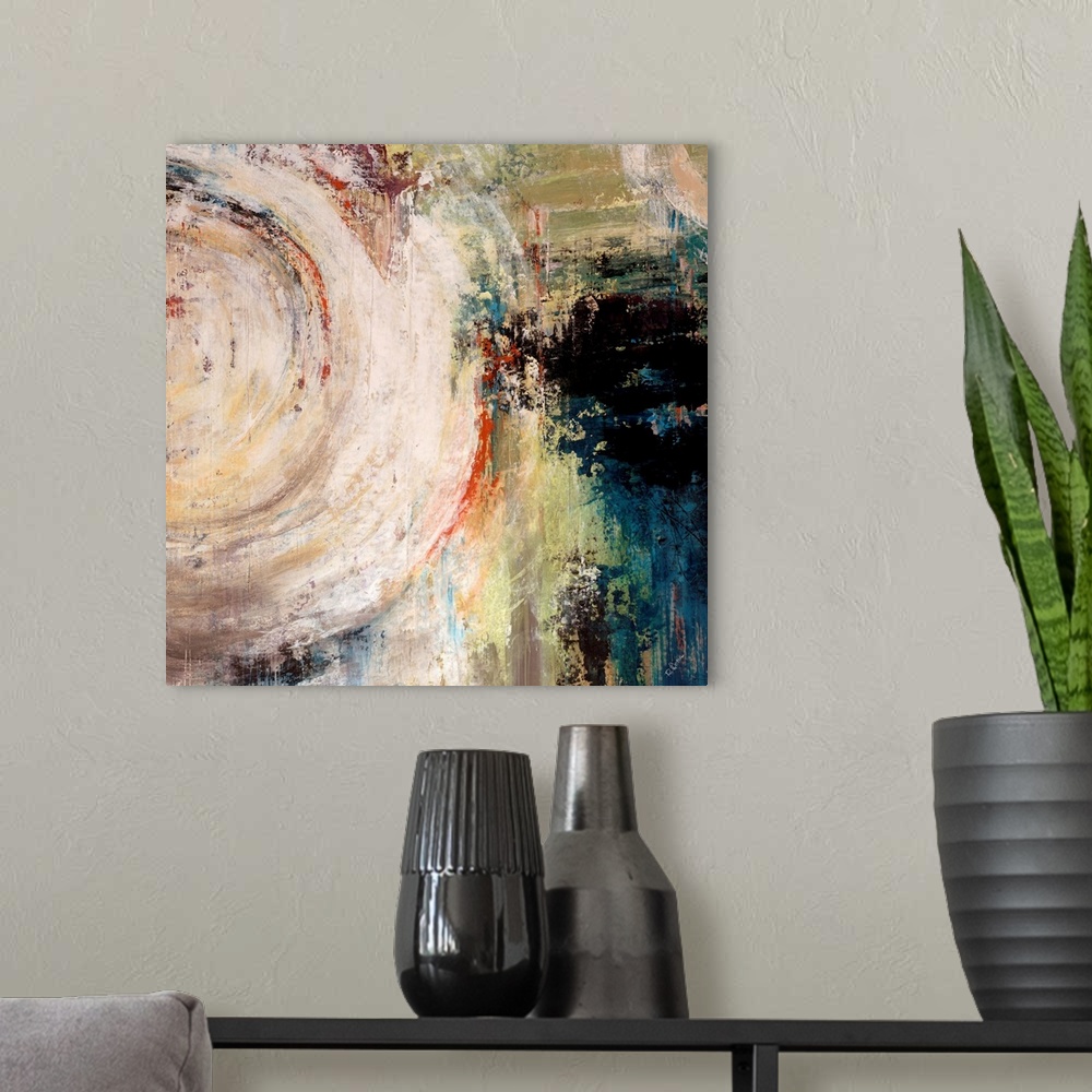 A modern room featuring Contemporary abstract art of paint strokes in a circle.