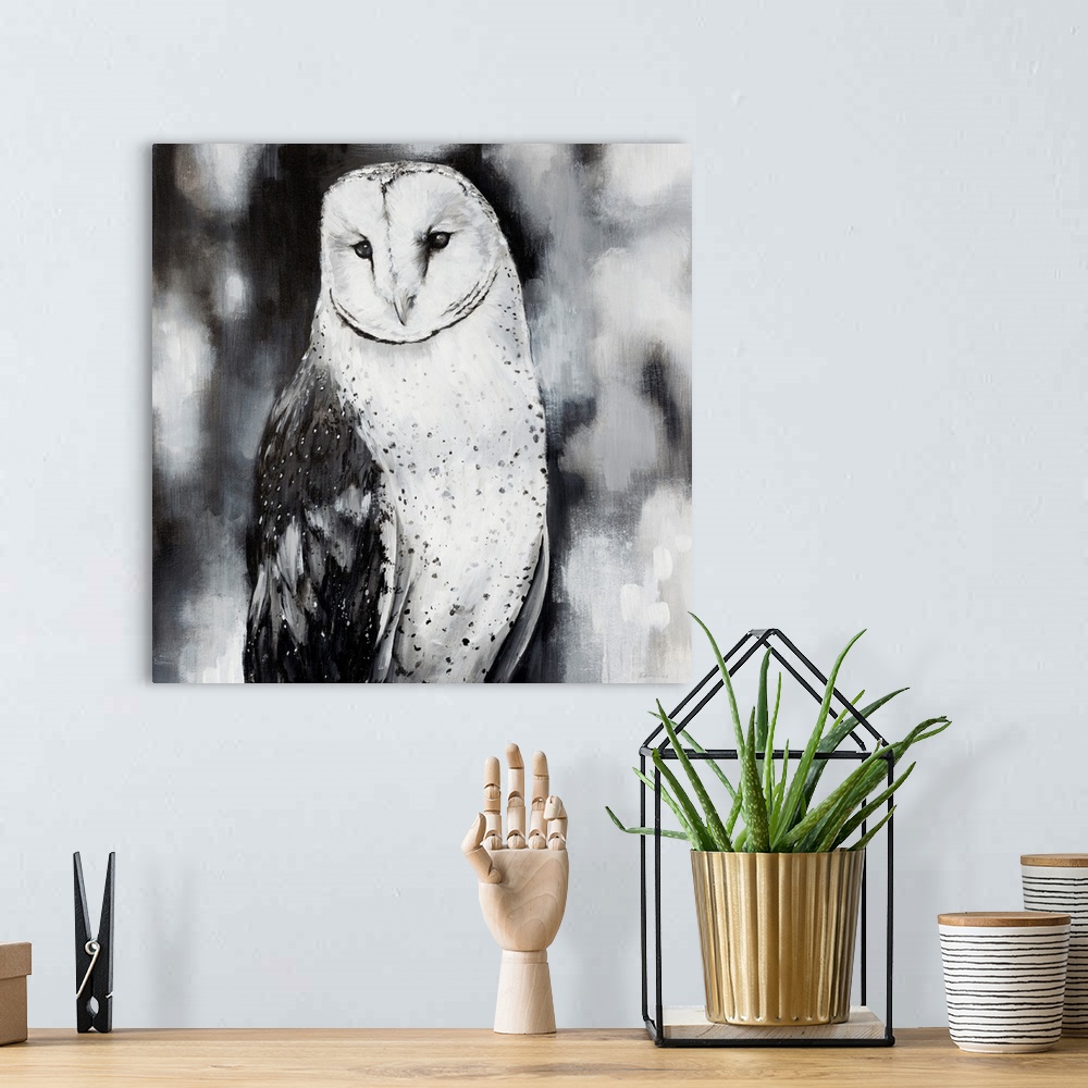 A bohemian room featuring Up-close contemporary tonal painting of bird with an abstract background.