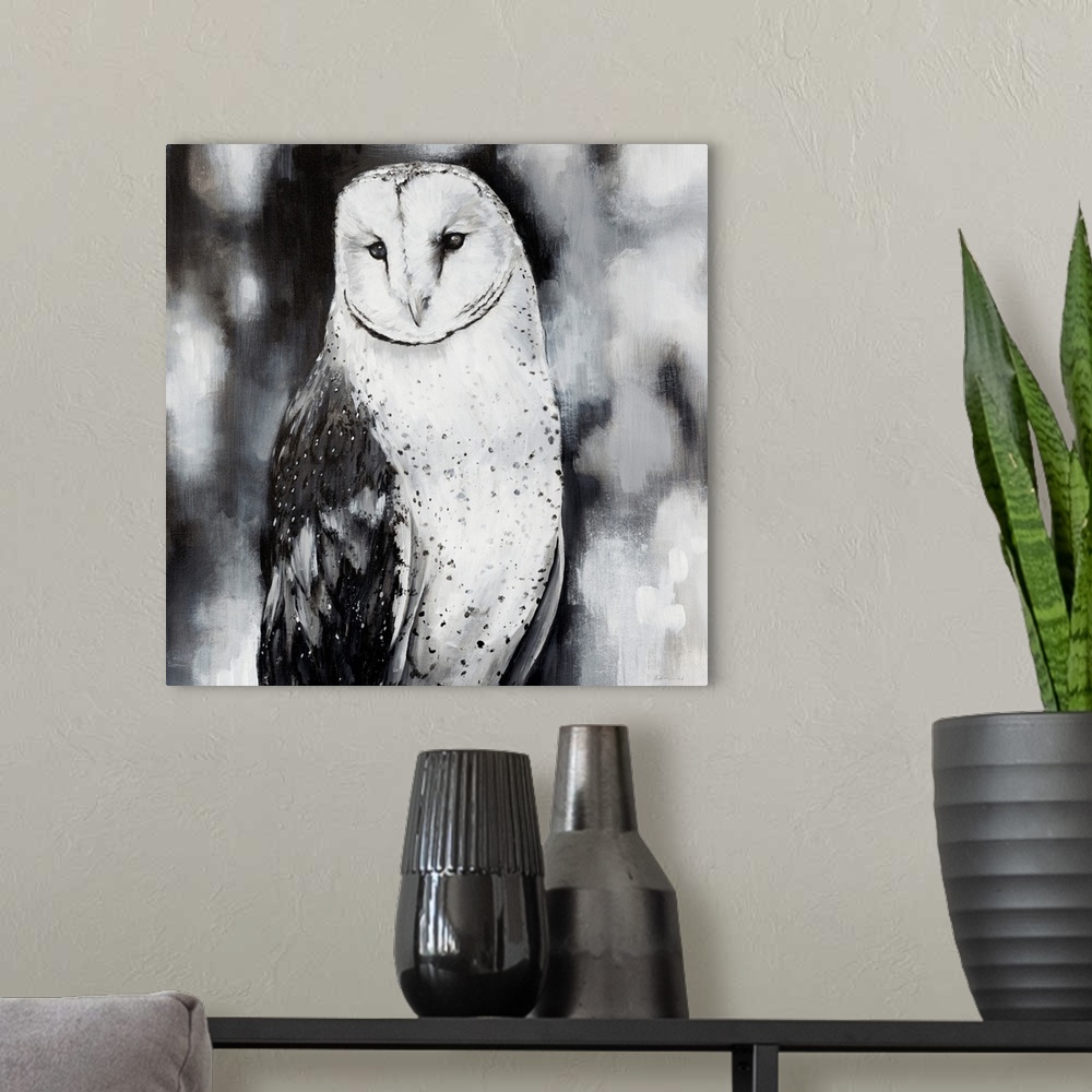 A modern room featuring Up-close contemporary tonal painting of bird with an abstract background.