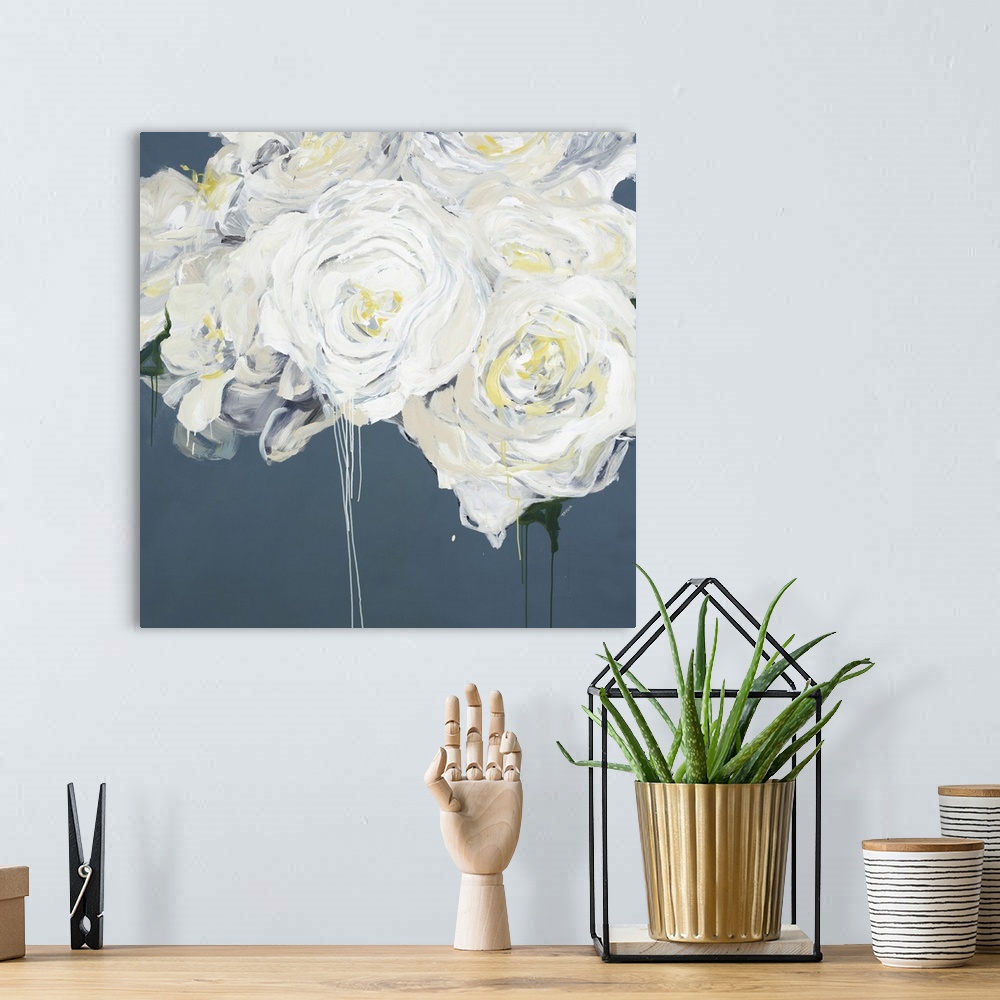 A bohemian room featuring Square contemporary painting of a bouquet of white peonies.