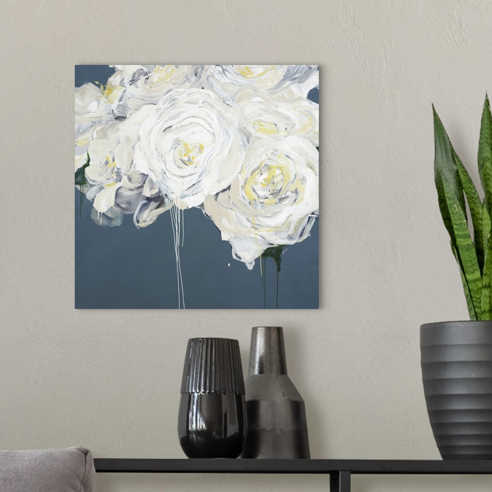 A modern room featuring Square contemporary painting of a bouquet of white peonies.