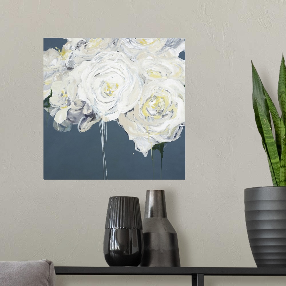 A modern room featuring Square contemporary painting of a bouquet of white peonies.