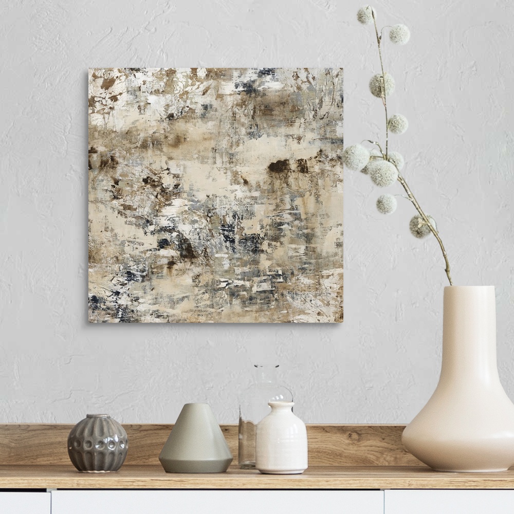 A farmhouse room featuring Square, large wall painting in layered neutral tones of small patches and rough, short brushstrokes.