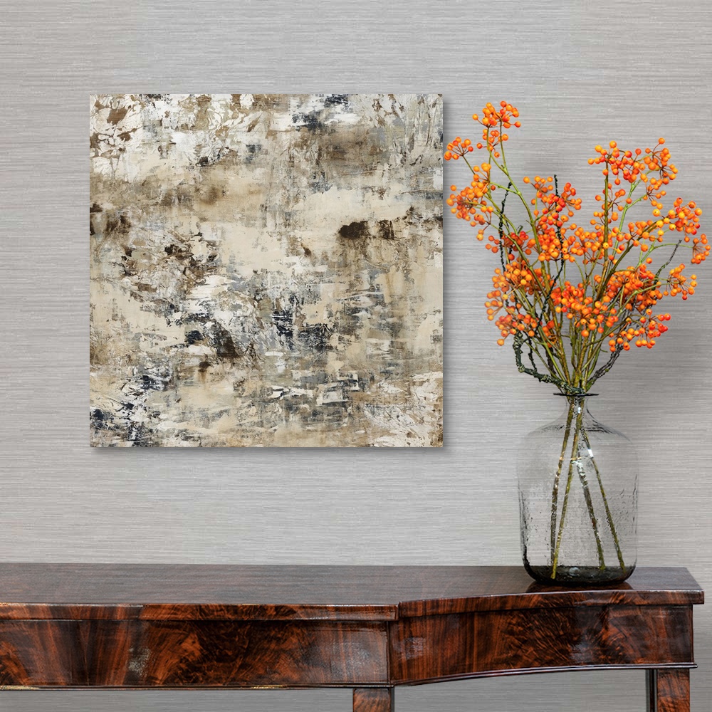 A traditional room featuring Square, large wall painting in layered neutral tones of small patches and rough, short brushstrokes.