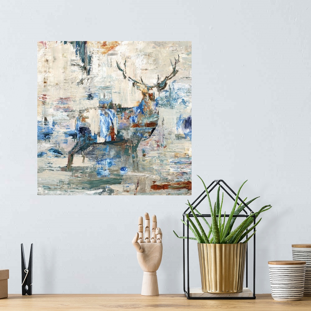 A bohemian room featuring Square abstract artwork with a silhouette of a deer in the center with colorful brushstrokes all ...