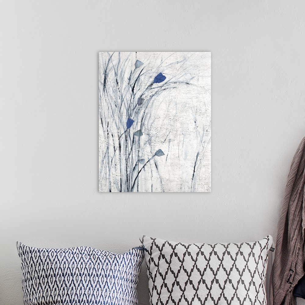 A bohemian room featuring Contemporary painting of flowers with long, wispy leaves in shades of blue and gray.