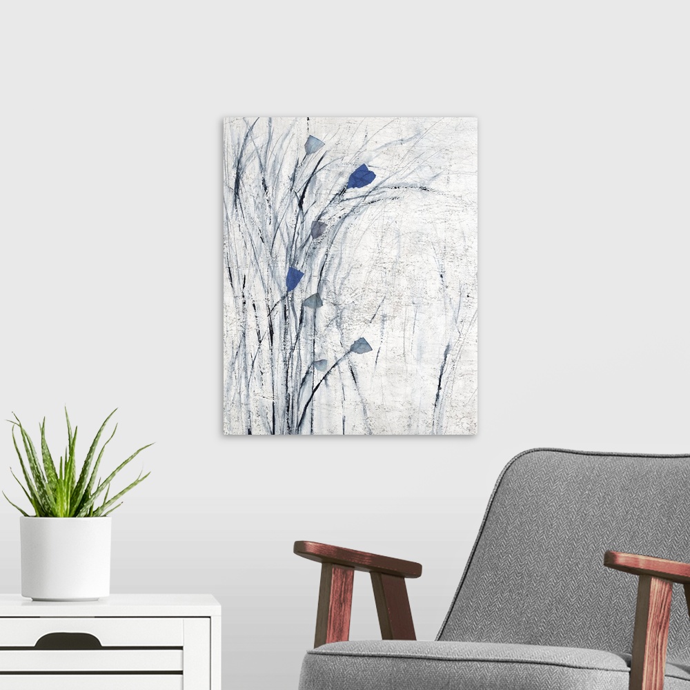 A modern room featuring Contemporary painting of flowers with long, wispy leaves in shades of blue and gray.