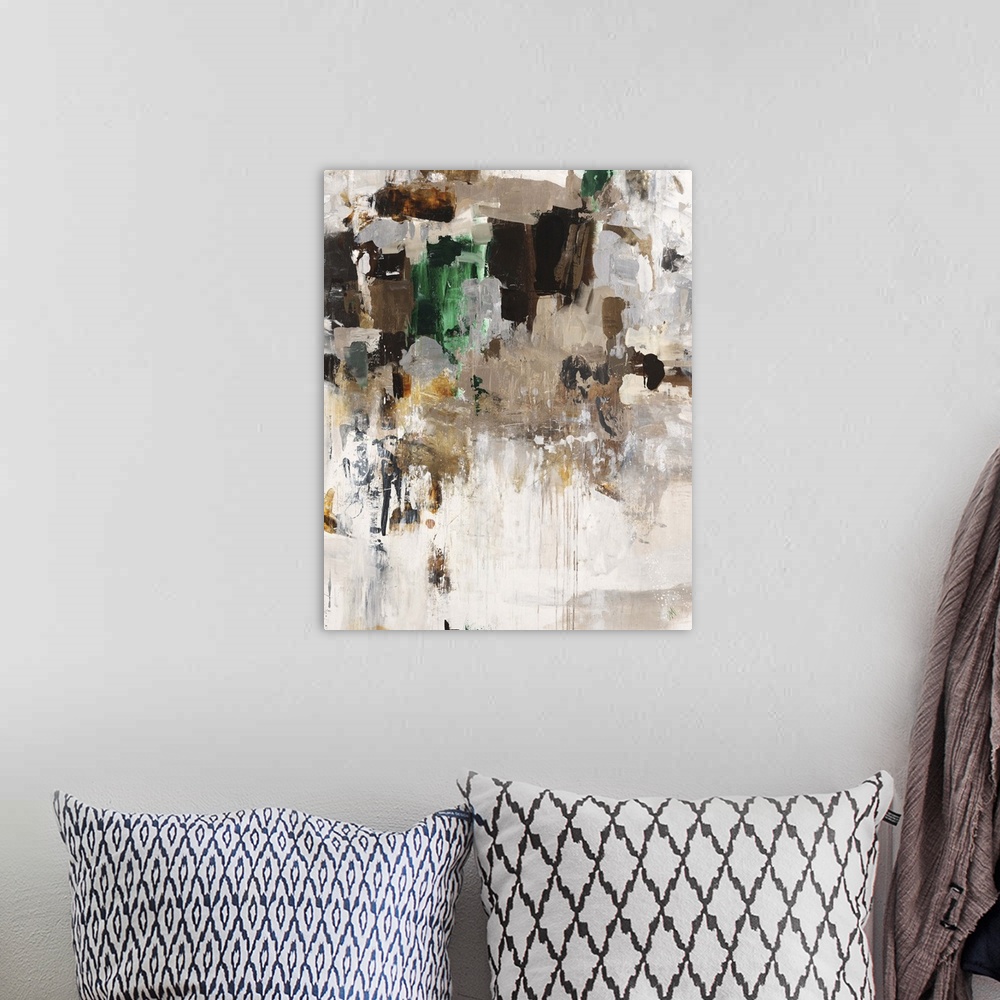 A bohemian room featuring Contemporary abstract painting using dark and light earth tones with pops of green.