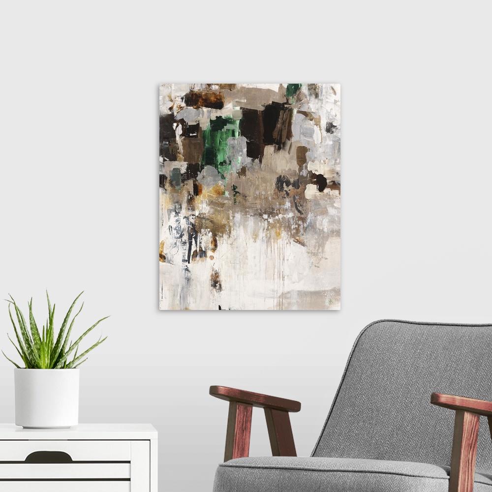 A modern room featuring Contemporary abstract painting using dark and light earth tones with pops of green.