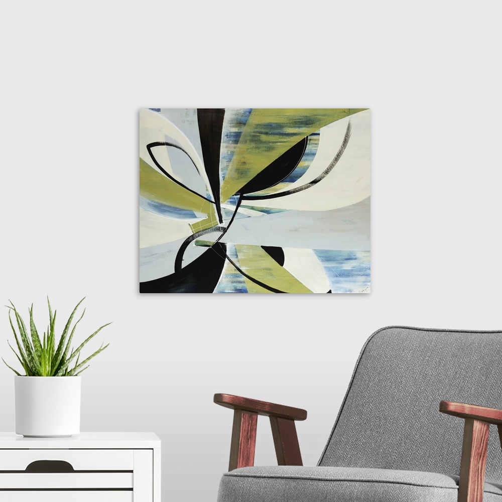 A modern room featuring Square, oversized contemporary painting of combined shapes in several colors that look like a lar...