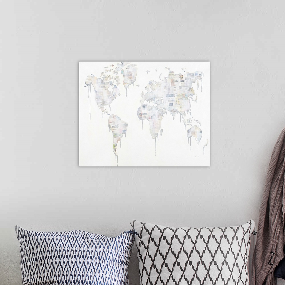 A bohemian room featuring Contemporary painting of a world map with wine labels.