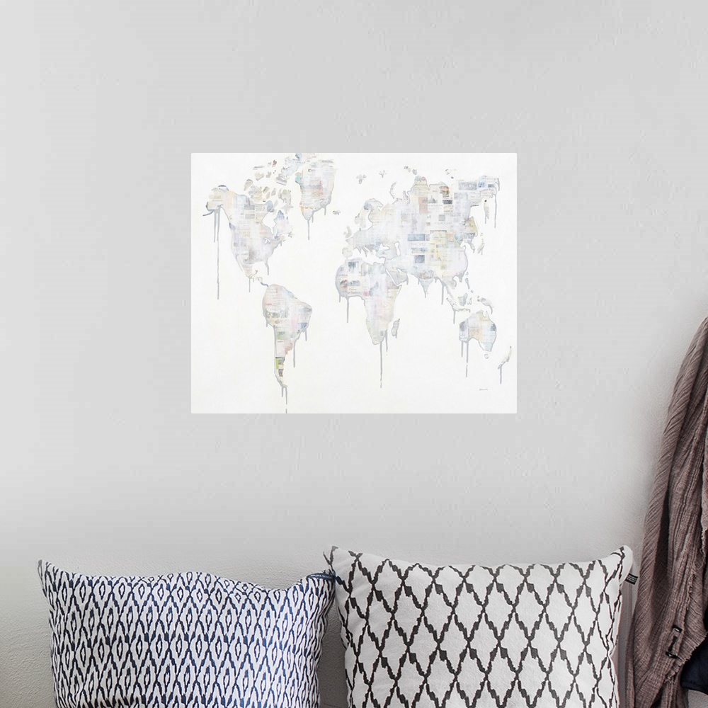 A bohemian room featuring Contemporary painting of a world map with wine labels.