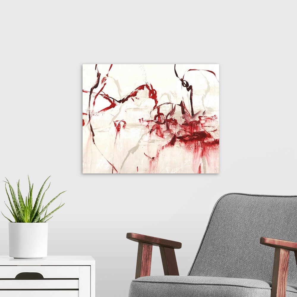 A modern room featuring Contemporary abstract painting using vibrant red tones in sinuous forms.