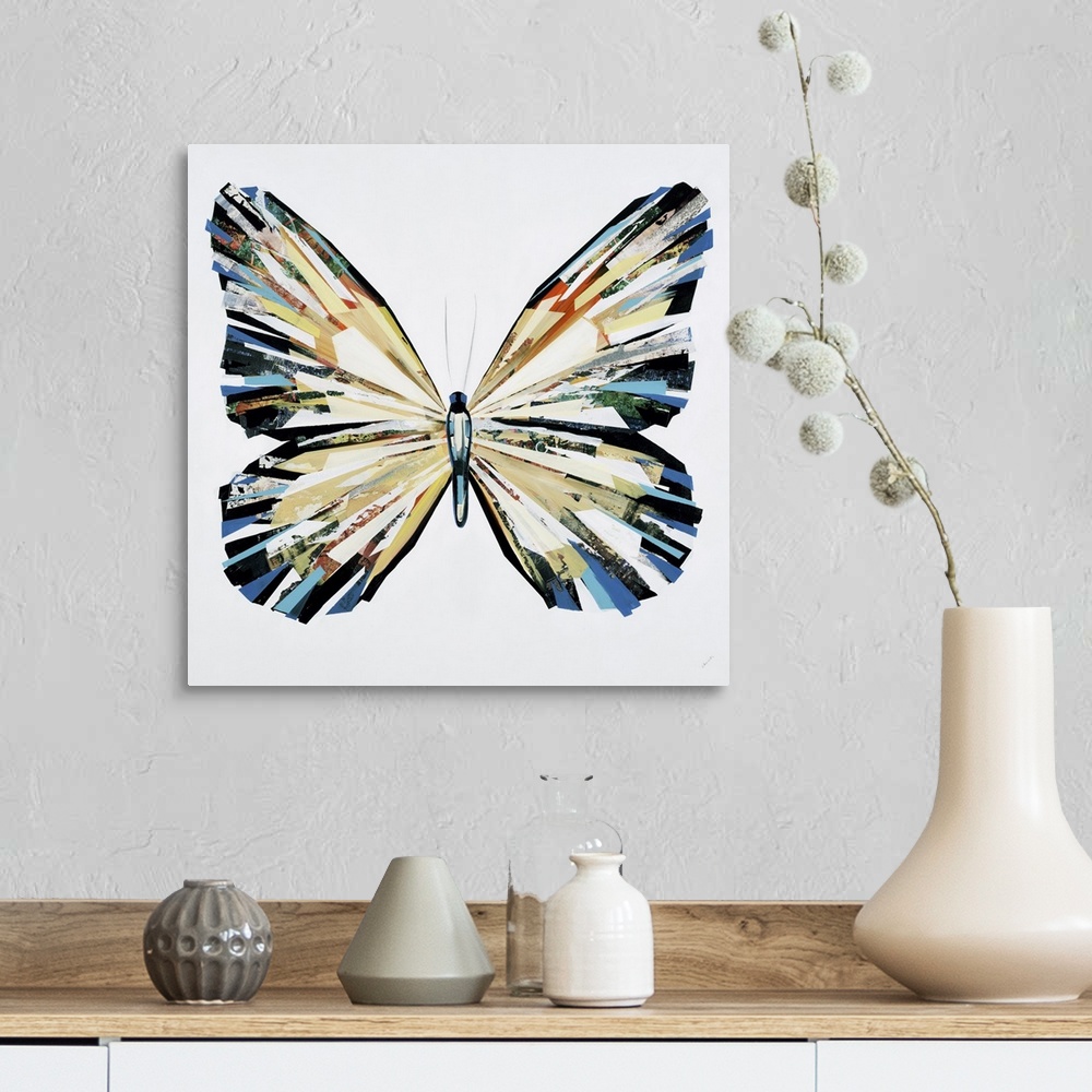 A farmhouse room featuring Colorful painting of a butterfly done in a collage style.