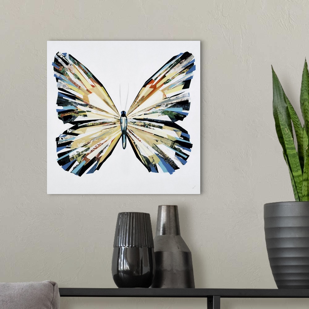 A modern room featuring Colorful painting of a butterfly done in a collage style.