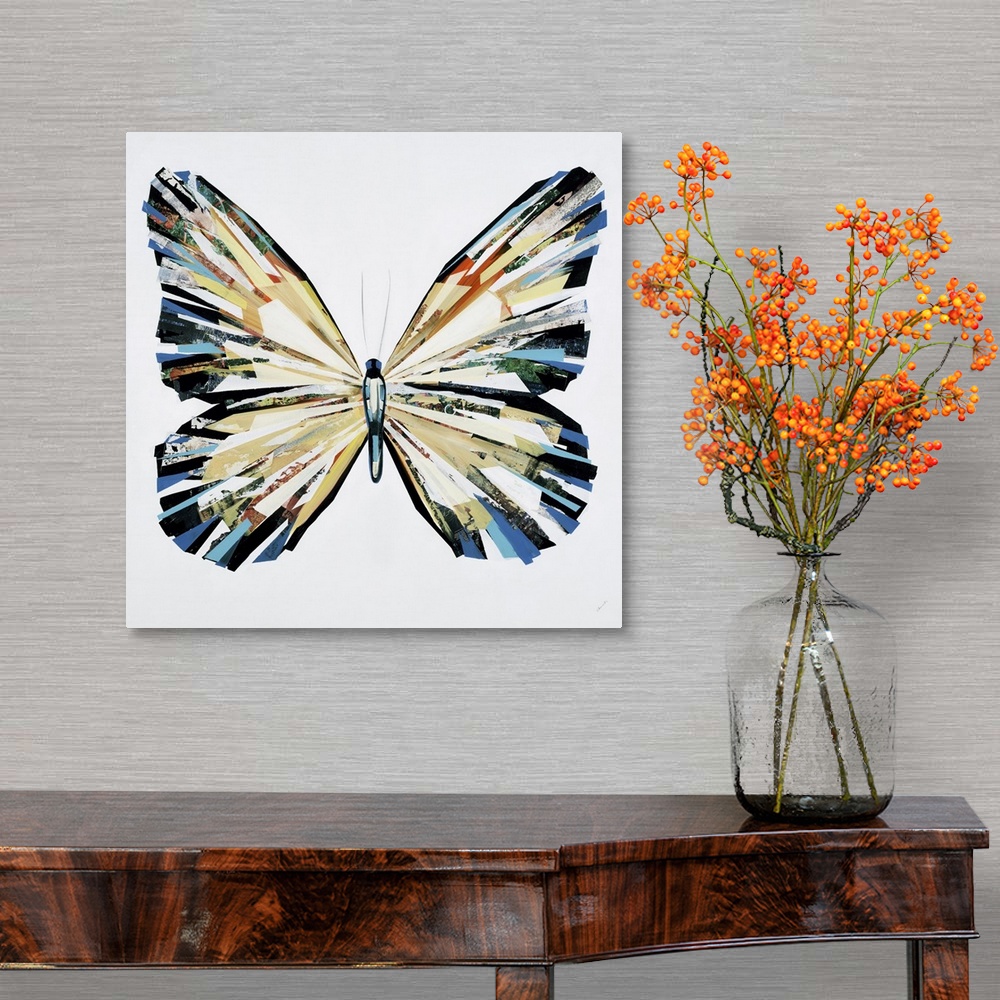 A traditional room featuring Colorful painting of a butterfly done in a collage style.