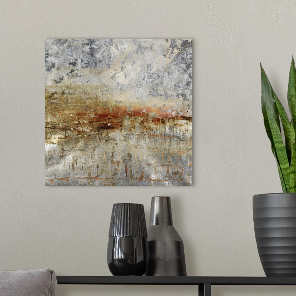 A modern room featuring Contemporary abstract artwork in neutral earth tones with deep red in the center.