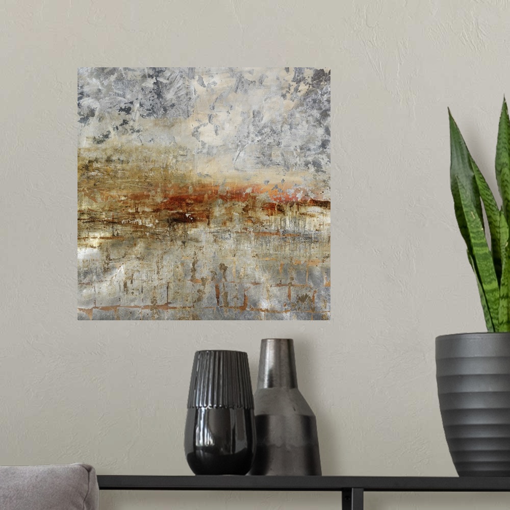 A modern room featuring Contemporary abstract artwork in neutral earth tones with deep red in the center.