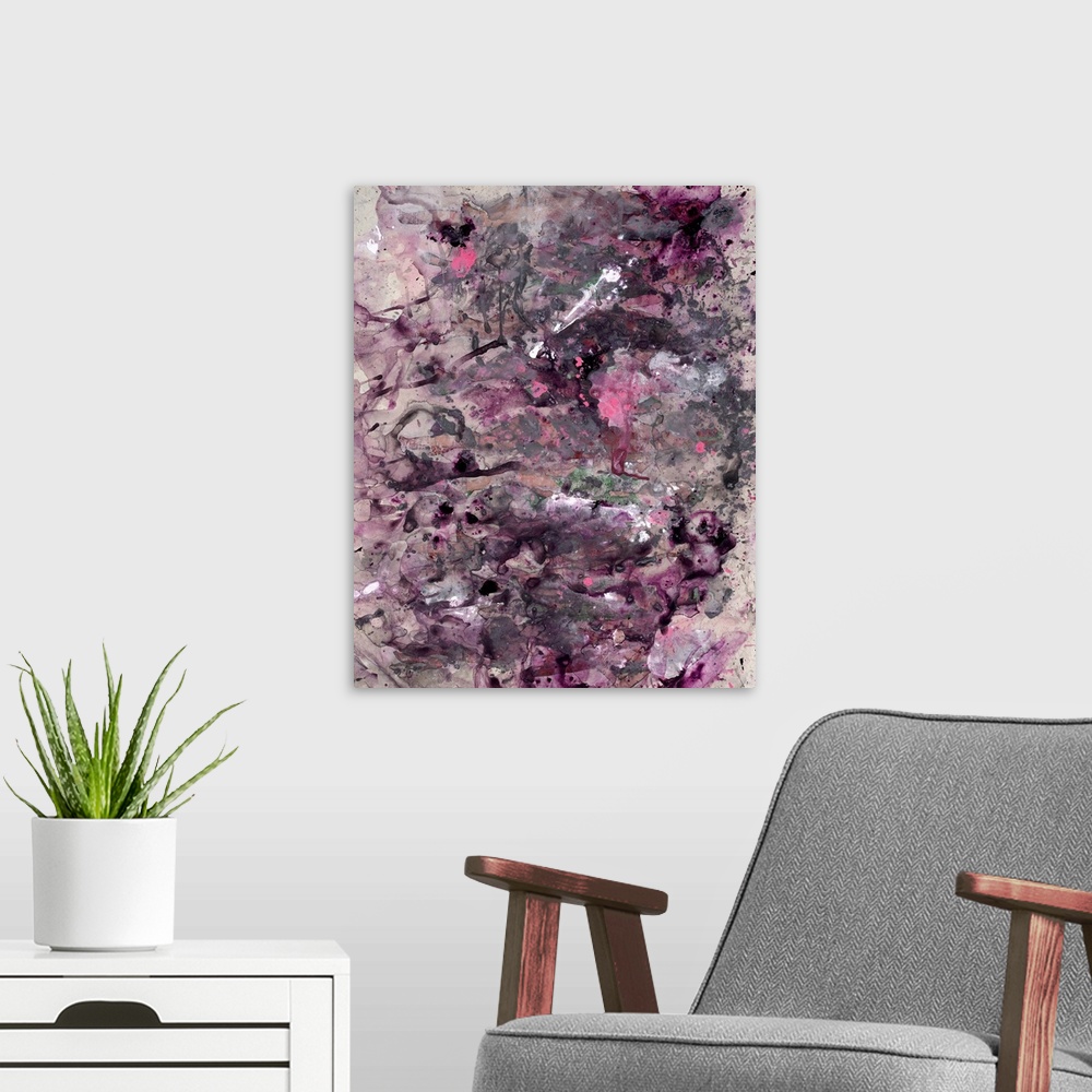 A modern room featuring Contemporary abstract painting consisting of pink, purple, and black paint splatter design on a b...