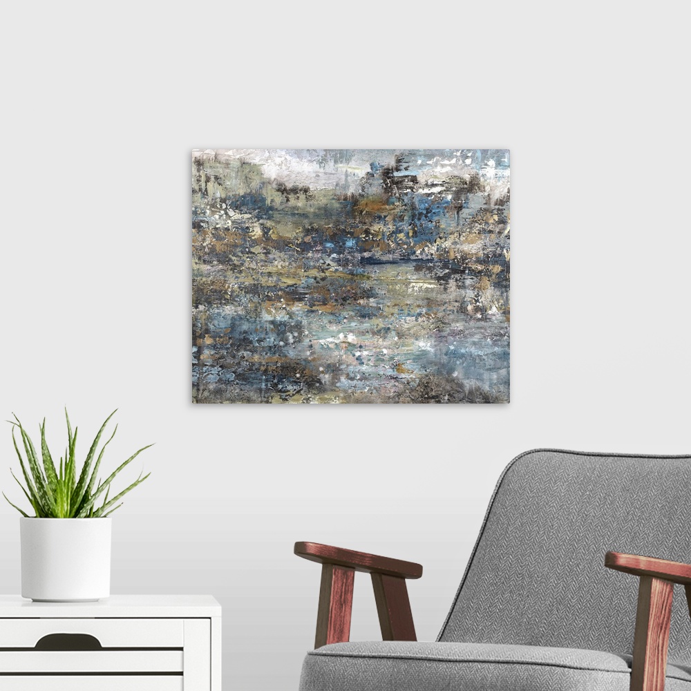 A modern room featuring Rough textured abstract art with shades of blue, brown, gold, and white.