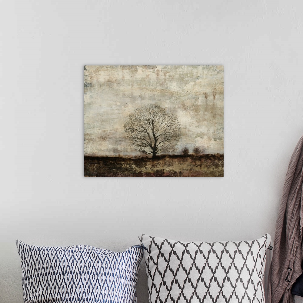 A bohemian room featuring Contemporary abstract painting of branched tree silhouette.