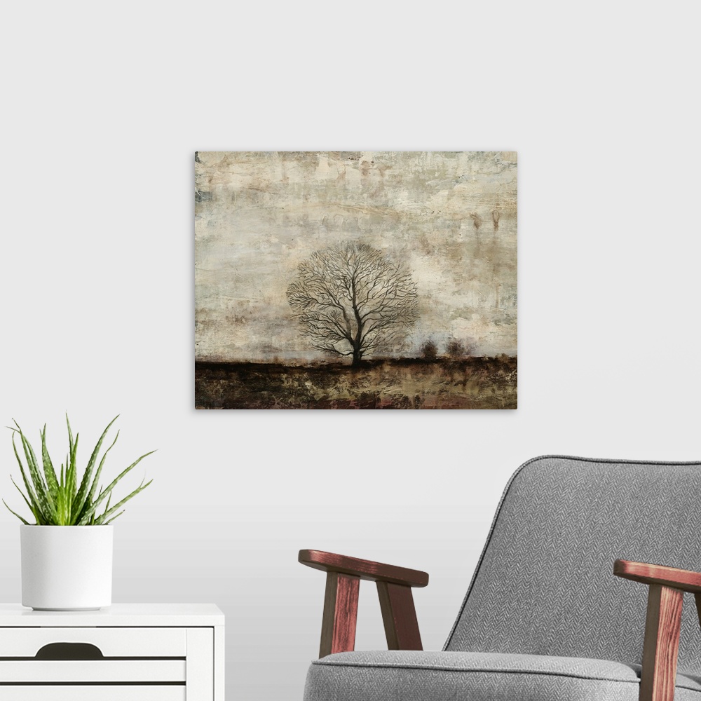 A modern room featuring Contemporary abstract painting of branched tree silhouette.