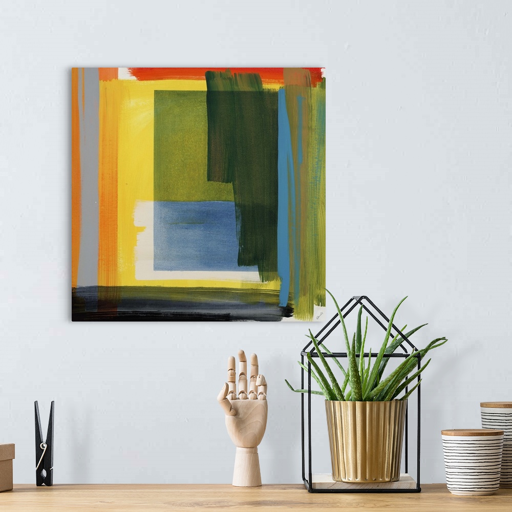 A bohemian room featuring Abstract painting of overlapping and intersecting rectangular blocks of vibrant color and thick h...
