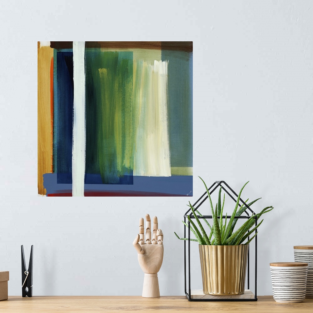 A bohemian room featuring Abstract painting of overlapping and intersecting rectangular blocks of vibrant color and thick h...