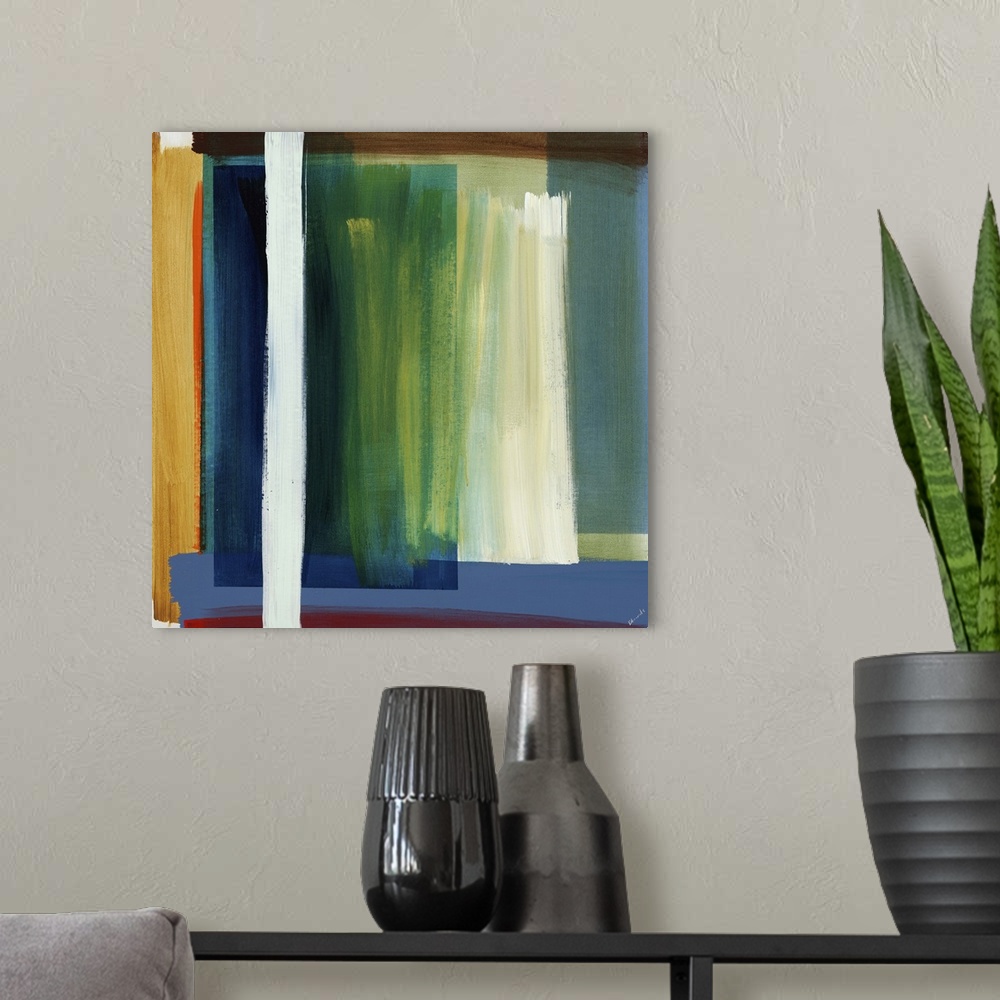 A modern room featuring Abstract painting of overlapping and intersecting rectangular blocks of vibrant color and thick h...