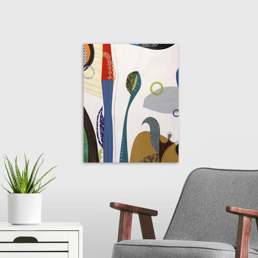 A modern room featuring Abstract painting with a mid-century feel of bold colors in organic and geometric shapes.